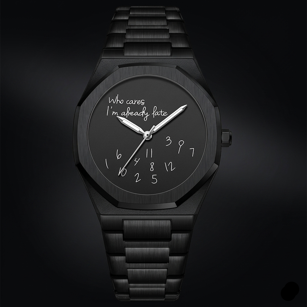 Black wristwatch with a unique clock face design on a dark background