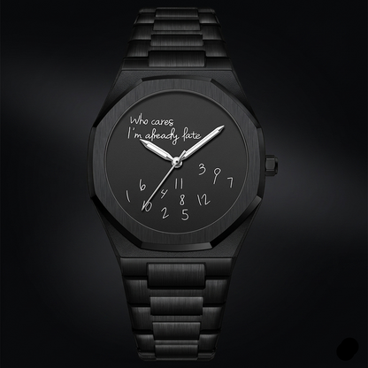 Black wristwatch with a unique clock face design on a dark background