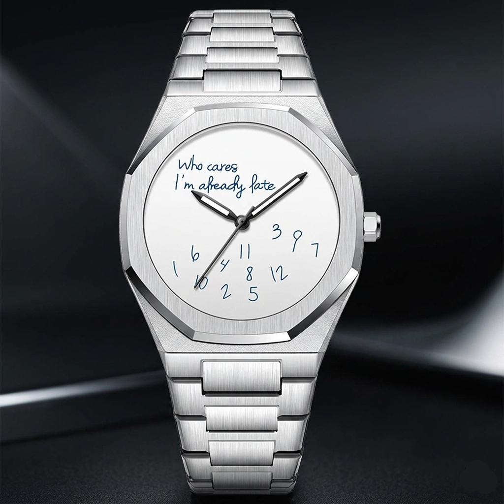 Silver watch with a unique text design on the dial against a dark background